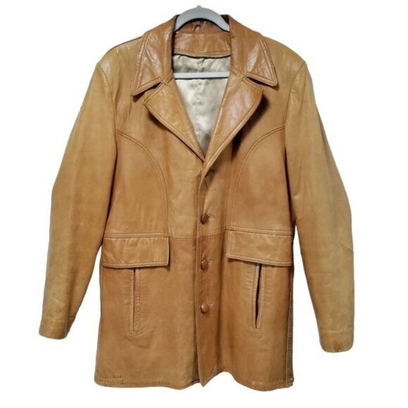 Vintage 70's Mens Butter Soft Tan Leather Blazer M - Picture 2 of 16